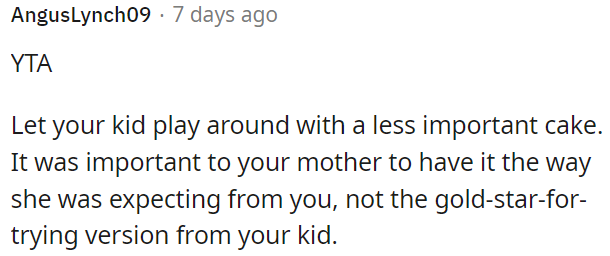 OP should allow her child to experiment with a less crucial cake.