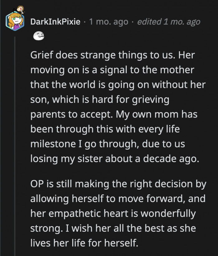 The BF's mom is grieving her son and the future he no longer has. OP's choice made her lose whatever sliver of hope she still held onto regarding her son eventually recovering.