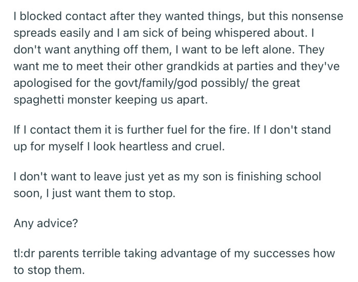 OP has blocked any contact with them but the rumors are still spreading