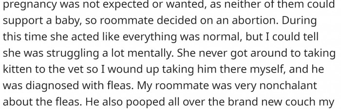 Her roommate became pregnant unexpectedly and decided to get an abortion. Even though she was acting nonchalant about it, she clearly wasn't okay.