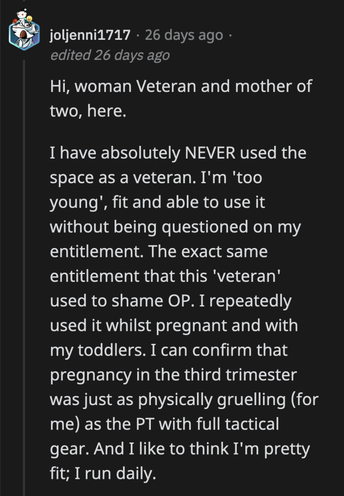 Female veterans, even when pregnant, are not easily afforded the same perks without others questioning them