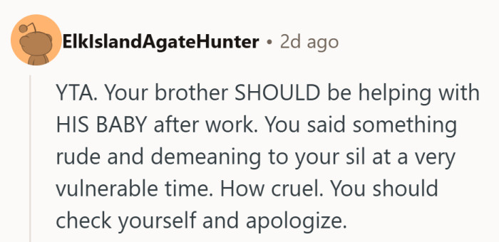 Sympathy ran low for the brother’s defender—most agreed parenting isn’t optional after clocking out.