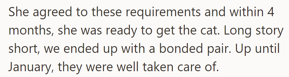 She agreed to the requirements, and within 4 months, got the cat—a bonded pair. Until January, they were well cared for.
