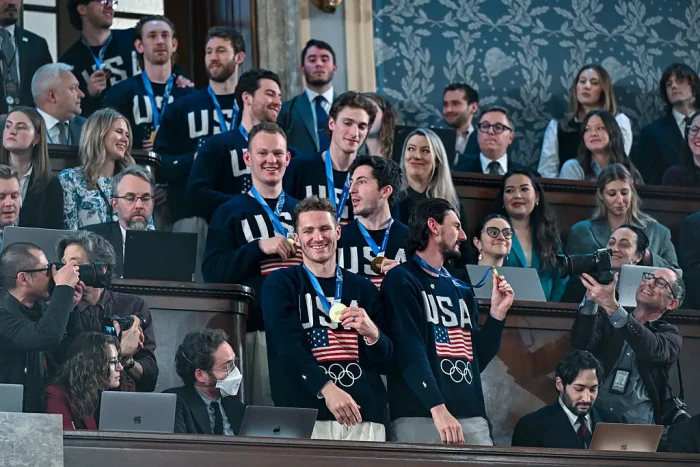Donald Trump speaking with women’s ice hockey team at White House