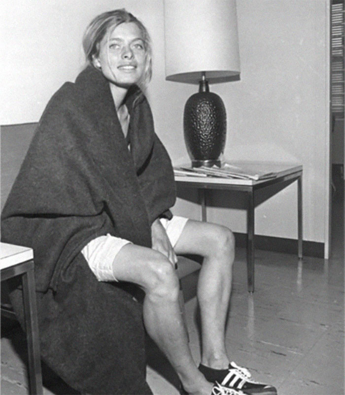 13. Bobbi Gibb, first woman to run the Boston Marathon in 1966; she ran without a number because women were not allowed into the race.