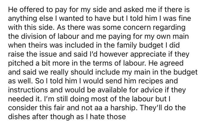 The brother offered to include more of OP's meals in their budget.