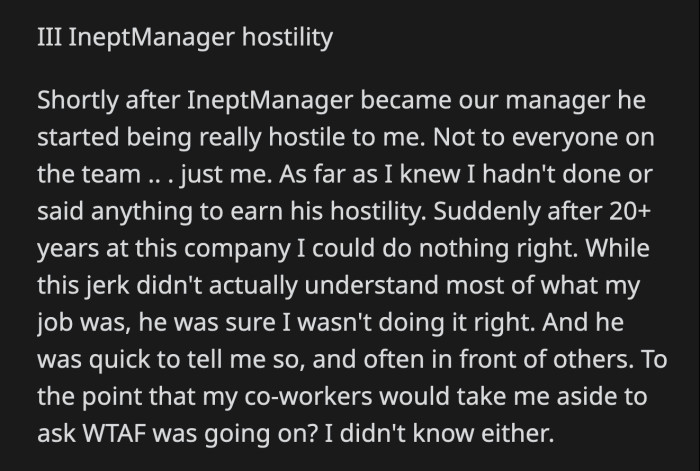 Inept Manager's ego couldn't handle the fact that a female subordinate had an office while he had to work in a cubicle in their open floor plan office like an average Joe.