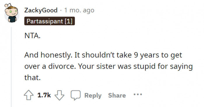 Not the asshole. Was it a stupid move to say that Anna was still getting over the divorce after 9 years?