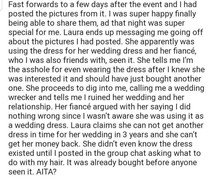 OP's Friend Ended Up Getting the Same Dress for Her Wedding and Is Upset That OP Posted Hers on Social Media