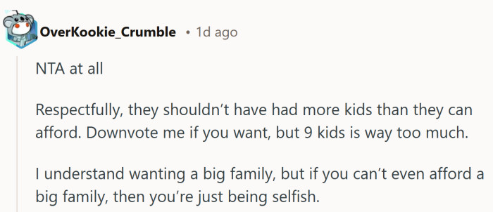 It echoes a common sentiment in the thread, pointing out how finances and family size can tangle in ways that ripple outward.