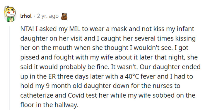 In hindsight, it seems like a mask and a kiss-off were in order for the MIL—maybe even a crash course in medical dramas to get her up to speed on ER etiquette.