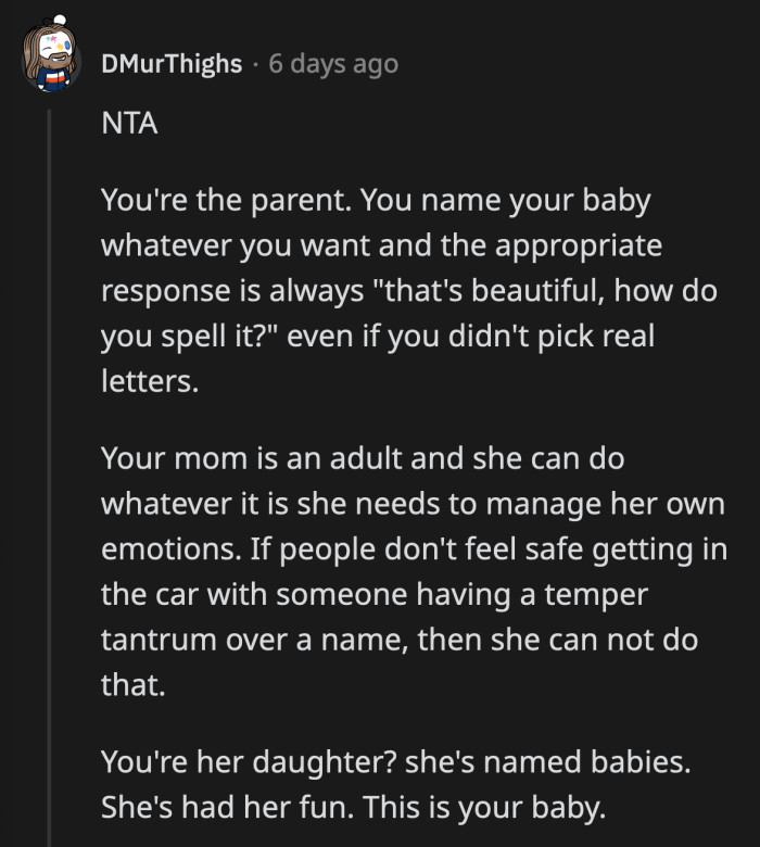 She had her fun naming OP; she should let OP have the same experience