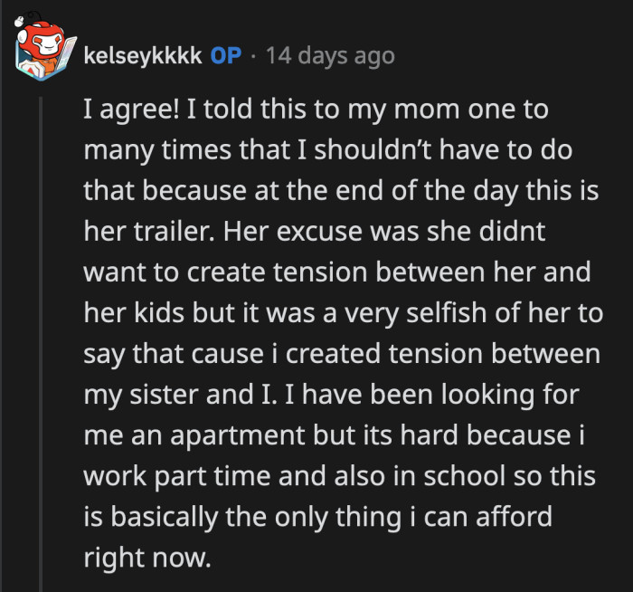 OP's mom enabled her daughter for years. Now that the monster is fully formed, she suddenly doesn't want to deal with her.