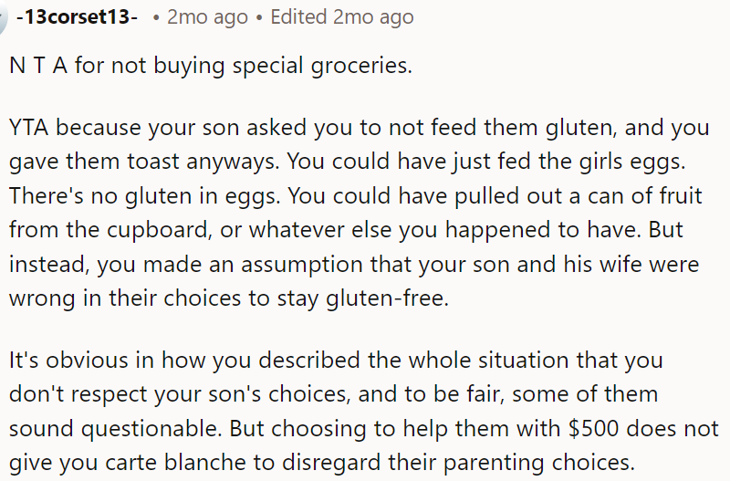 The OP could have easily provided alternative gluten-free options like eggs or fruit instead of toast. Her actions suggest a lack of respect for her son's choices.