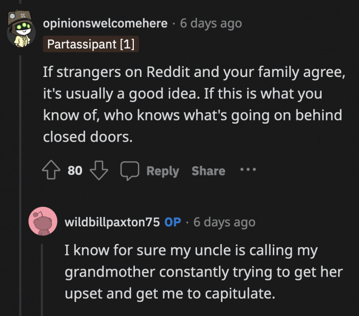 His dad is not alone, as complete strangers online are also on edge about his uncle's manipulative behavior towards his ailing mother.