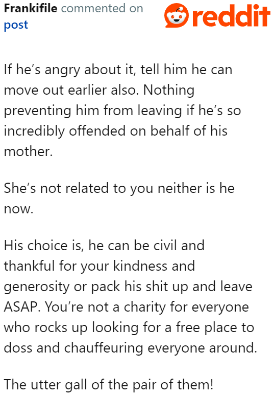 If they keep this attitude up, maybe it's time for the OP to ask her ex to pack up and leave.