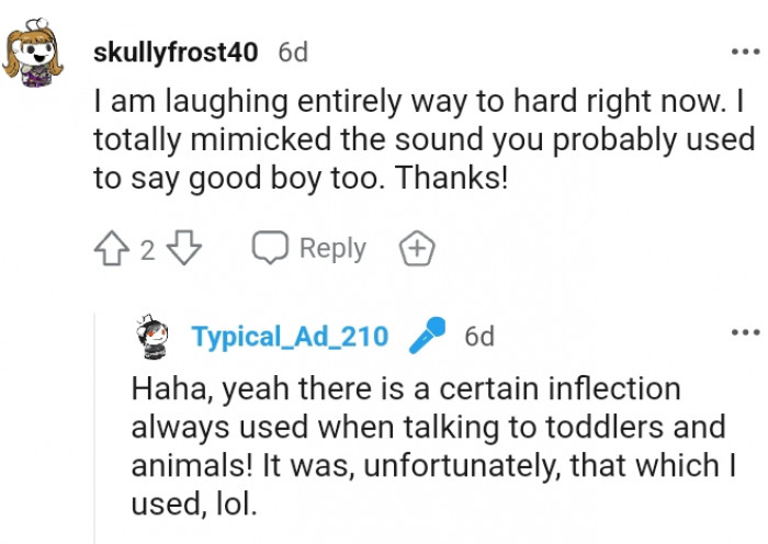 The OP used a certain inflection always used when talking to toddlers