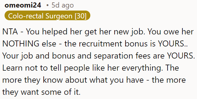 The recruitment bonus and other work-related benefits are OP's.