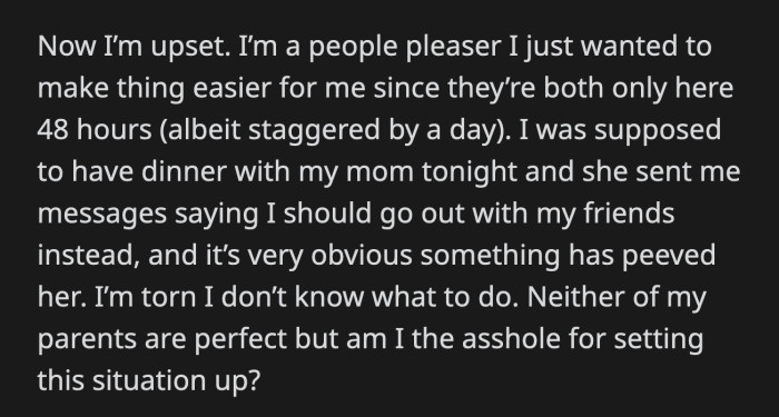 OP's mom later texted her to go with their friends when she didn't show up to the dinner she and OP planned. OP knows their mom is upset, but is it OP's fault?