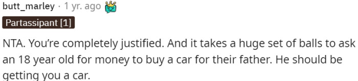 Inappropriate to Ask for Money from an 18-Year-Old for a Car Gift