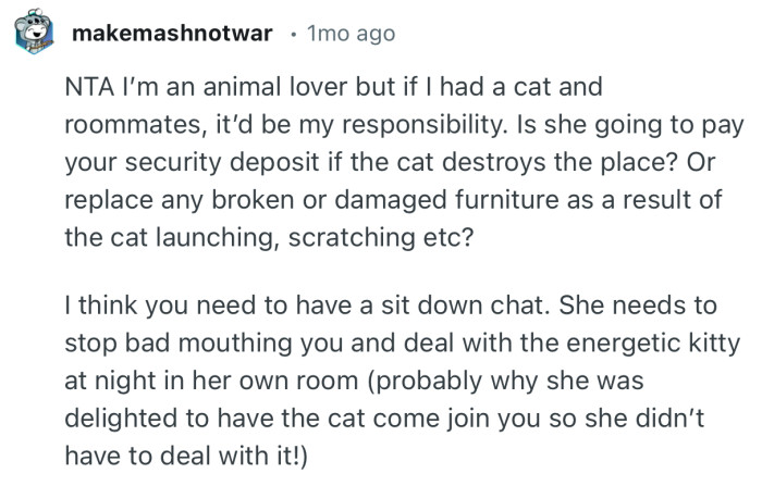 “I think you need to have a sit down chat. She needs to stop bad mouthing you and deal with the energetic kitty.”
