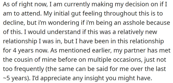 So, the OP is considering whether they should attend the wedding: