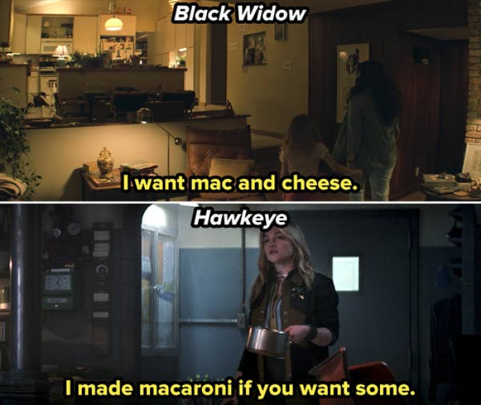 43. Yelena makes mac and cheese in 'Hawkeye', the same food she asked for as a child in 'Black Widow'