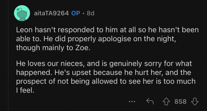 The husband properly apologized to OP's niece.