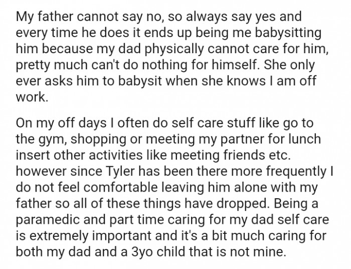 The OP often does self-care activities like going to the gym, shopping, or meeting his partner for lunch