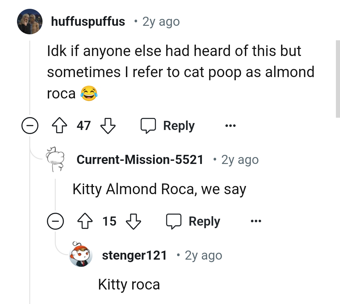 This Redditor refers to cat poop as almond roca