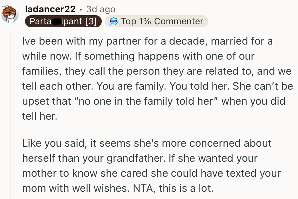 “Like you said, it seems she’s more concerned about herself than your grandfather.”