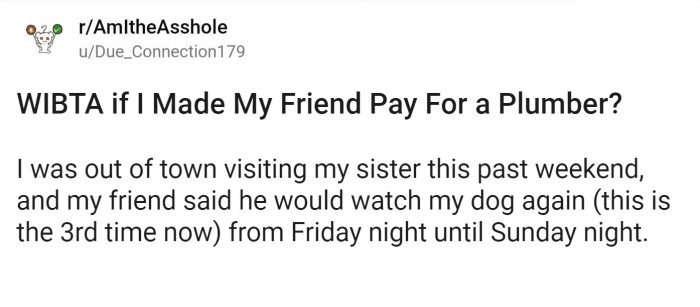 OP explains that they had a friend watch their dog over the weekend while he was out of town visiting his sister.