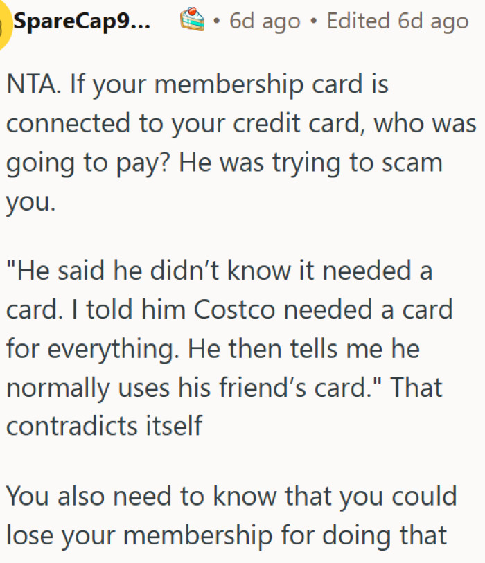 Refusing to share a Costco card was the right move