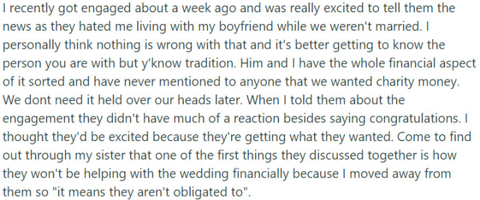 OP recently got engaged and eagerly shared the news with her parents