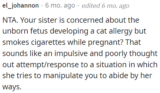 OP's sister's concern about the unborn fetus developing a cat allergy while smoking during pregnancy seems impulsive and manipulative.