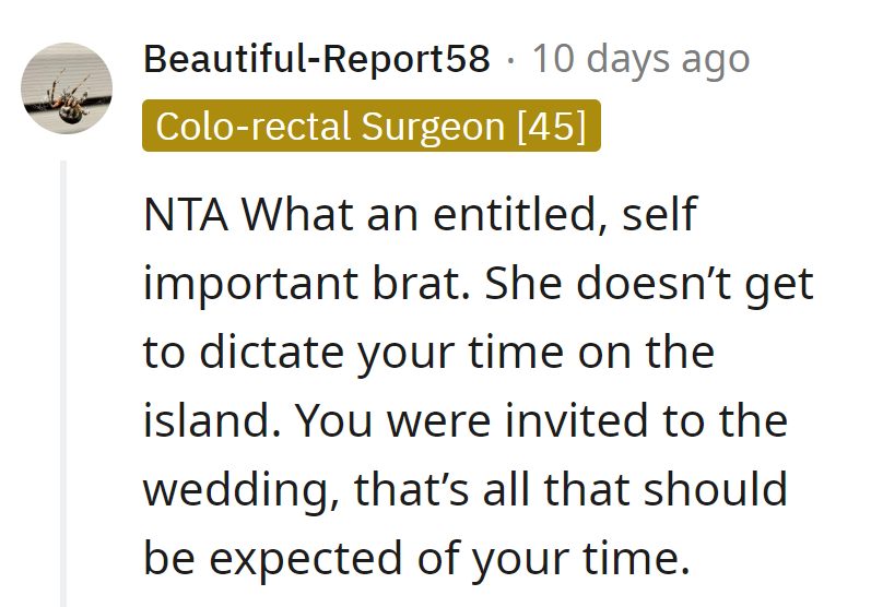 An entitled island dictator? Nah, she's just a wedding guest, not the resort ruler.