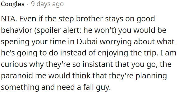 Even if his stepbrother behaves, OP would spend the Dubai trip worrying about him.