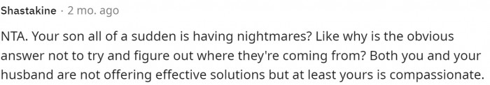 Someone said that they should focus more on what's causing their son's nightmares instead.