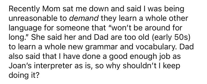 The OP's parents say she is being unreasonable.