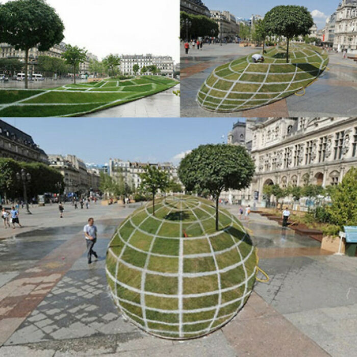 "Optical Illusion Created By Parisian Artist François Abelanet, On Display Outside Paris City Hall. It Looks Like A Giant Grass Sphere, But It's Actually Flat"