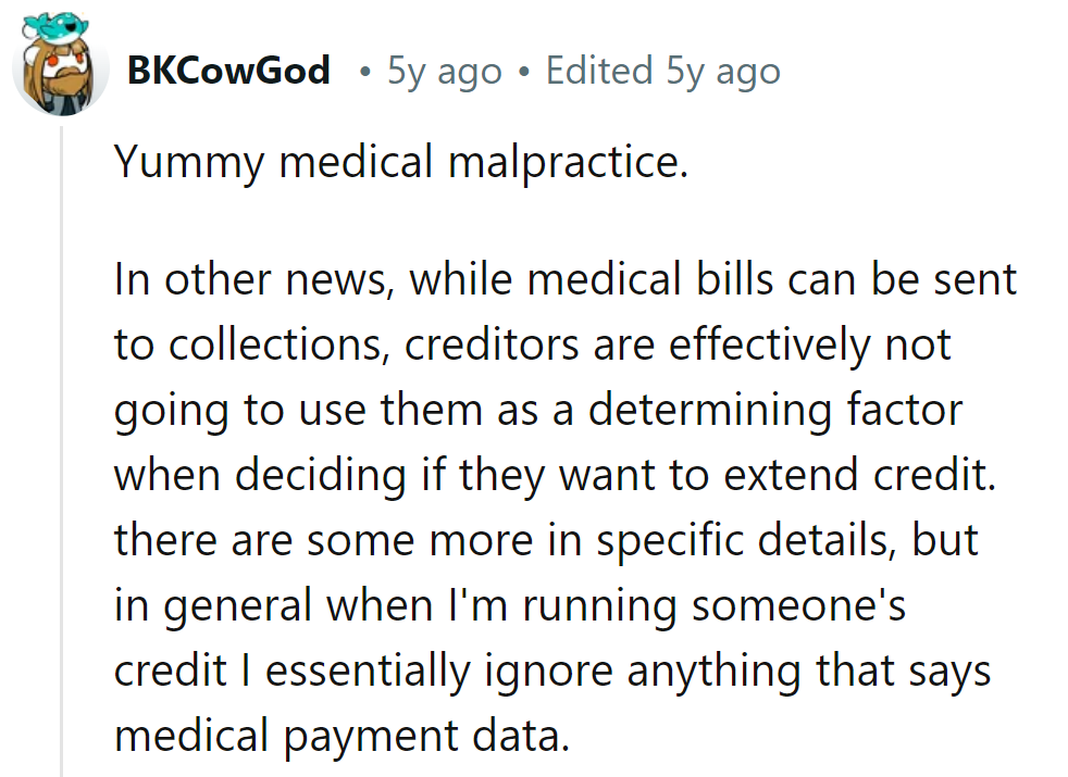 In Karen's world, medical mishaps leave a sour taste, but creditors won't use them as ingredients in her credit recipe!