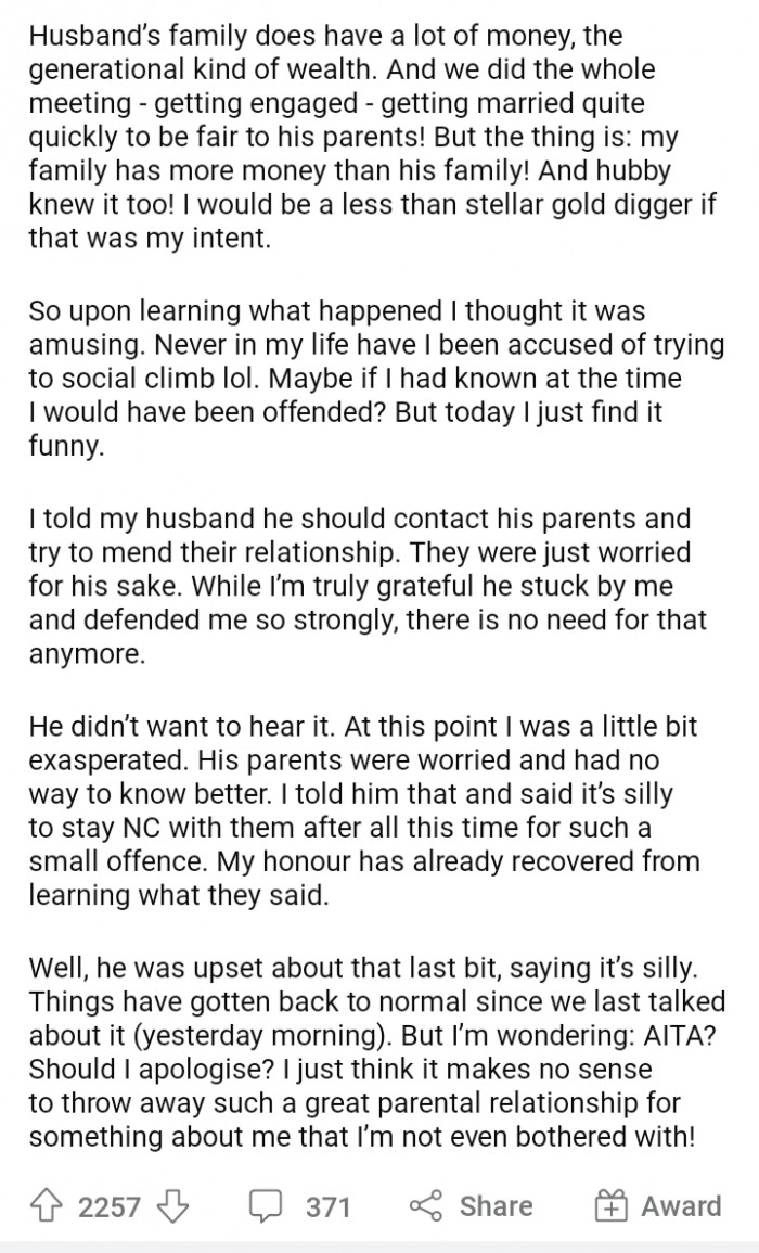 2. However, she told her husband that it was a silly reason, and he was upset.