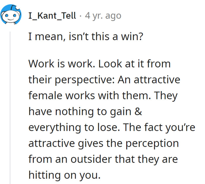 Work's work, but having an attractive coworker means risking it all. The irony: attractiveness turns the office into a dating show.