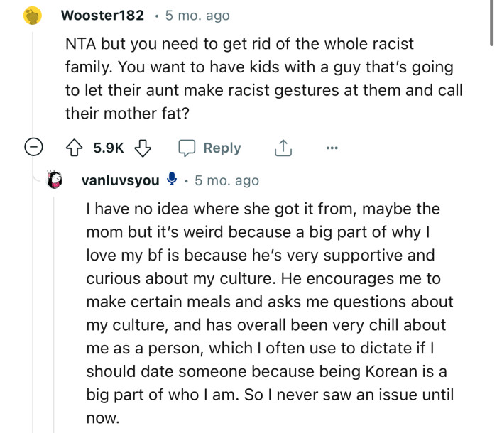 “NTA but you need to get rid of the whole racist family.”