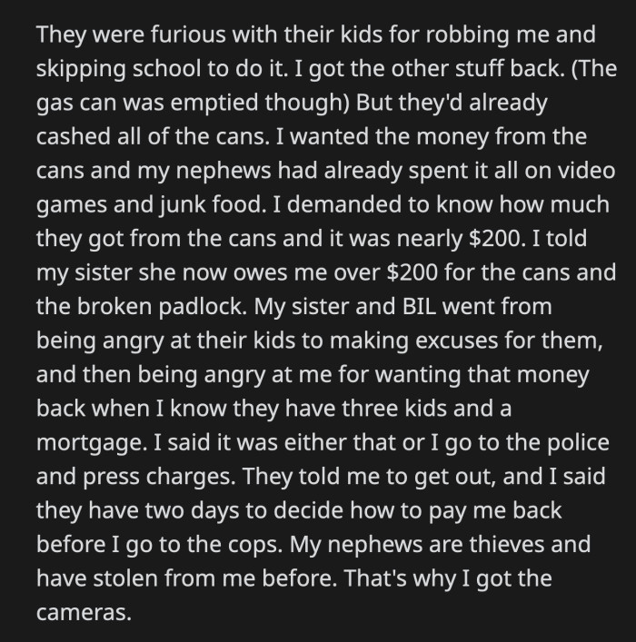 OP gave them two days before he would file a report. His nephews had stolen from him before. He wouldn't let them off easy this time.
