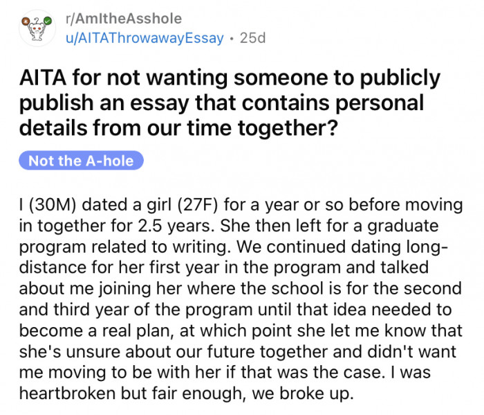 The Redditor shared the story about his ex-girlfriend wanting to publish an essay about their relationship.