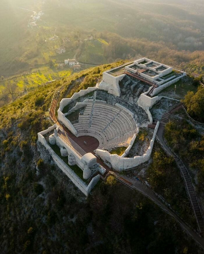 A Roman temple-theater complex, accidentally rediscovered in February 2000 on the summit of Monte San Nicola, Italy (≈450m above sea level), dating to the 4th century BCE.