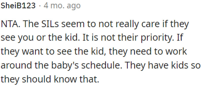 OP's sisters-in-law don't seem to prioritize seeing OP or her child.