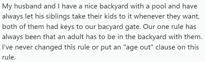 OP and her husband have a backyard pool that they've always allowed their nieces and nephews to use, provided that an adult was present