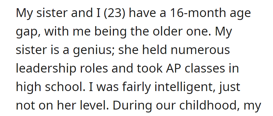 OP and her sister have a 16-month age gap. Younger sister excels academically, surpassing OP in high school leadership and AP classes.